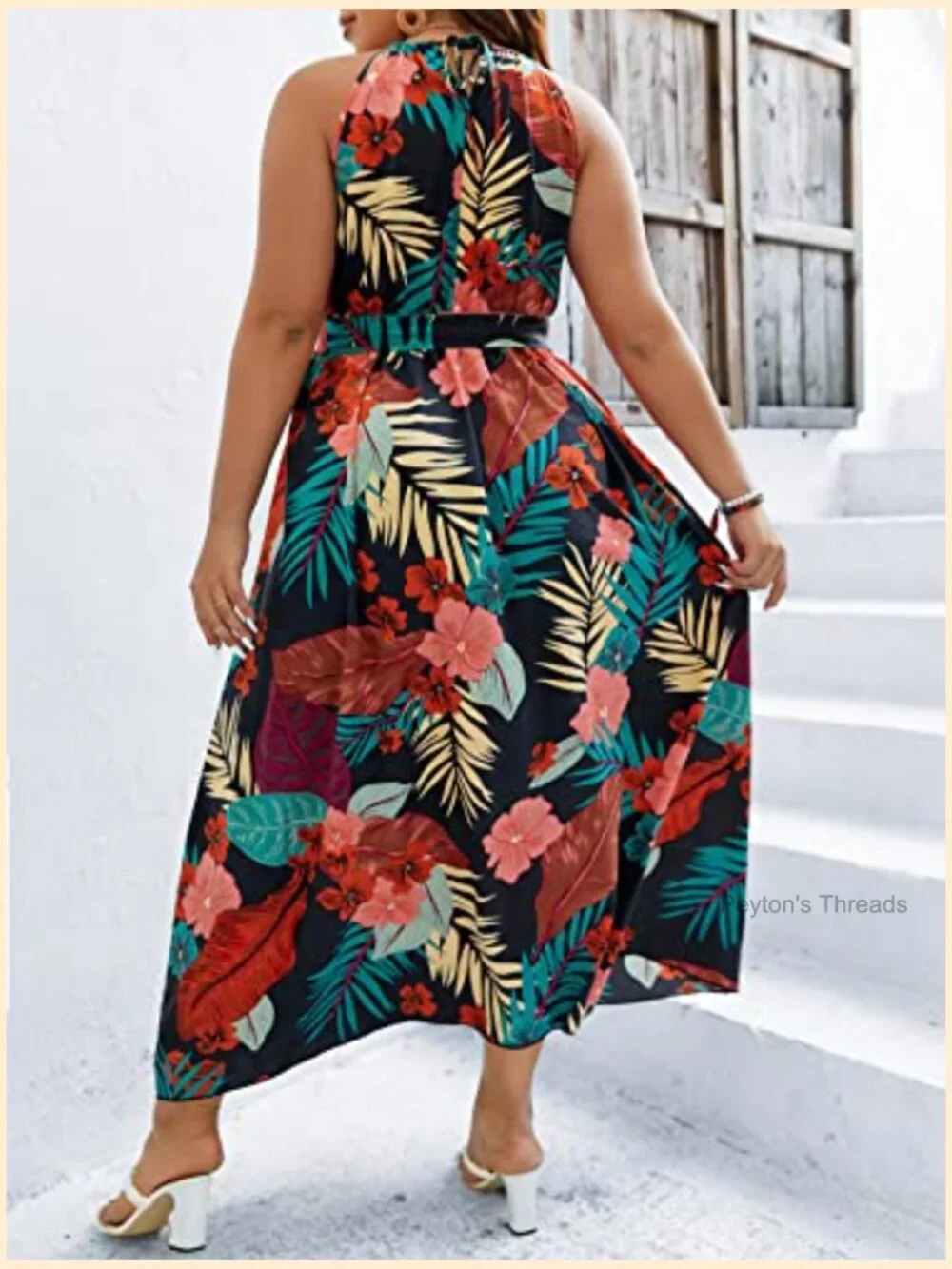 Women's Plus Size Boho Sleeveless Halter Neck Tie Back A Line Maxi Dress - Picture 2 of 5
